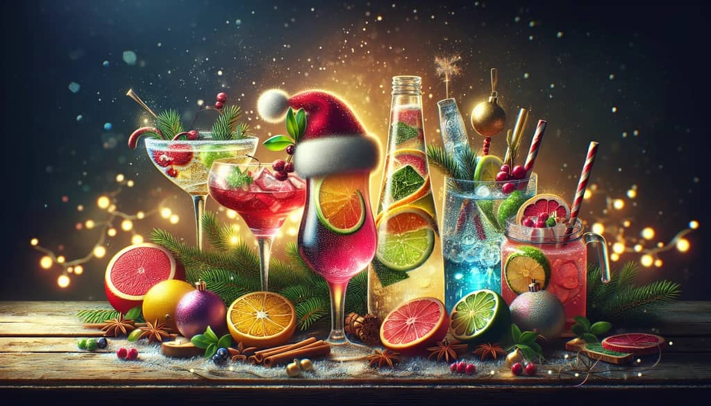 Classic Christmas cocktail ingredients adapted for non-alcoholic versions featuring juices and sparkling water