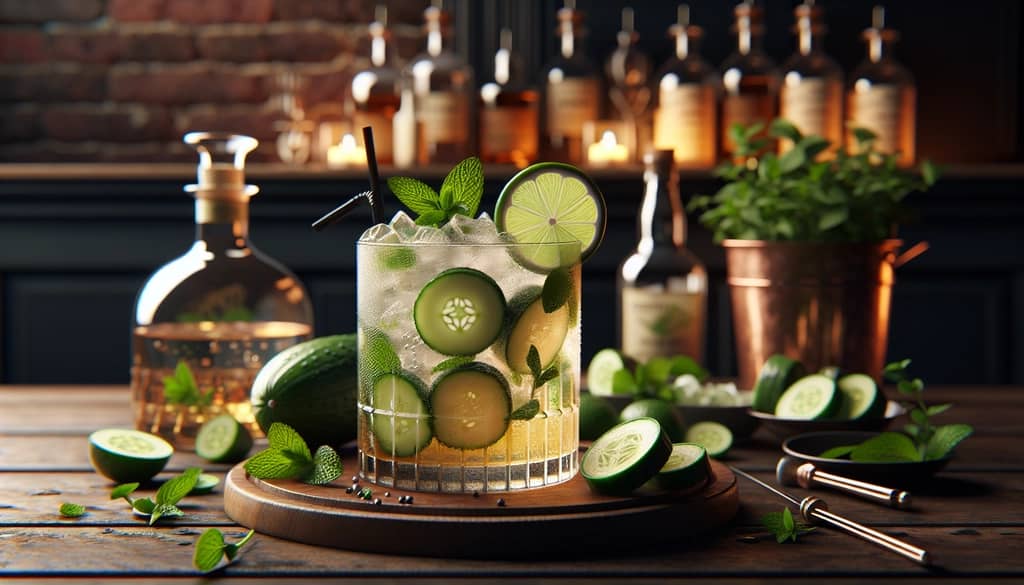 Classic Southside Fizz cocktail with muddled cucumber, mint, and a lime wheel garnish