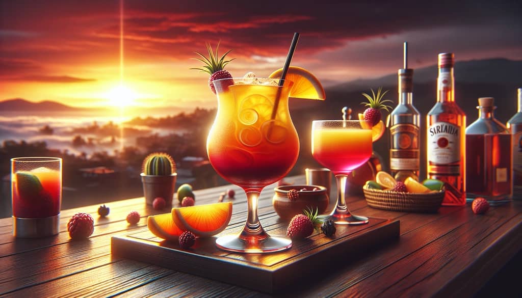 Classic Tequila Sunrise cocktail with visible layers of vibrant orange juice and grenadine creating a sunrise effect