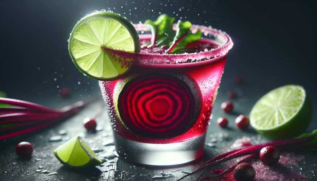 Close-up of a beet margarita highlighting its deep red hue and garnished with lime, showcasing its visual appeal.