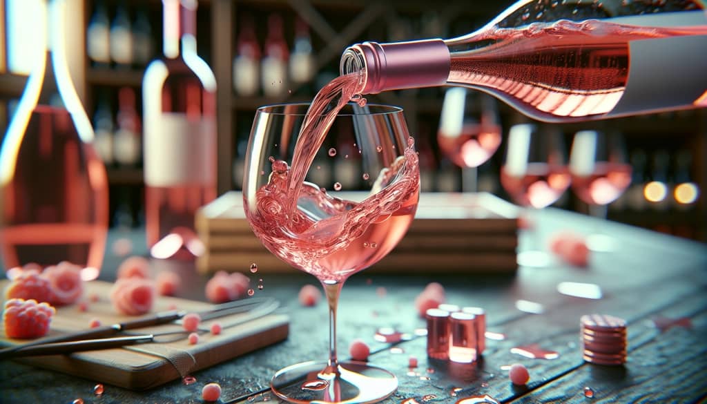 Close-up of a bottle of rosé wine being poured into a glass, highlighting the wine’s pink hue.