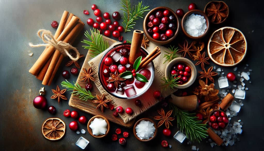Close-up of a Christmas-themed cocktail with cinnamon and cranberries, exemplifying holiday flavors