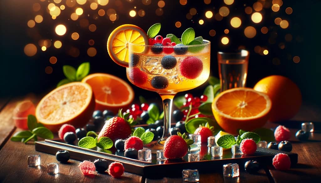 Close-up of a cocktail with citrus slices and fresh berries adding zest and sweetness