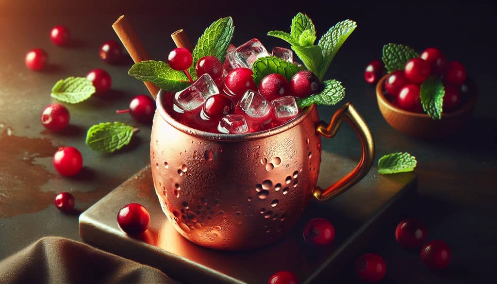 Close-up of a completed Cranberry Moscow Mule garnished with fresh cranberries and mint, ready to serve