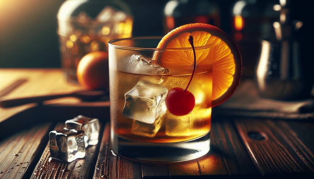 Close-up of a freshly built Old Fashioned cocktail in a glass, highlighting its natural ingredients