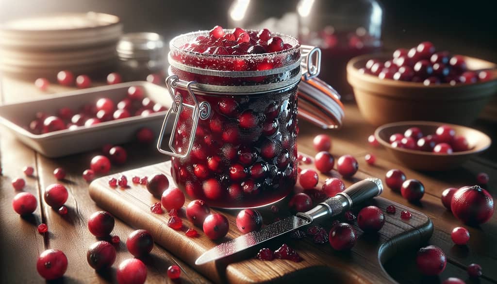 Close-up of a jar filled with cranberry bourbon relish, showcasing its rich color and textural appeal.