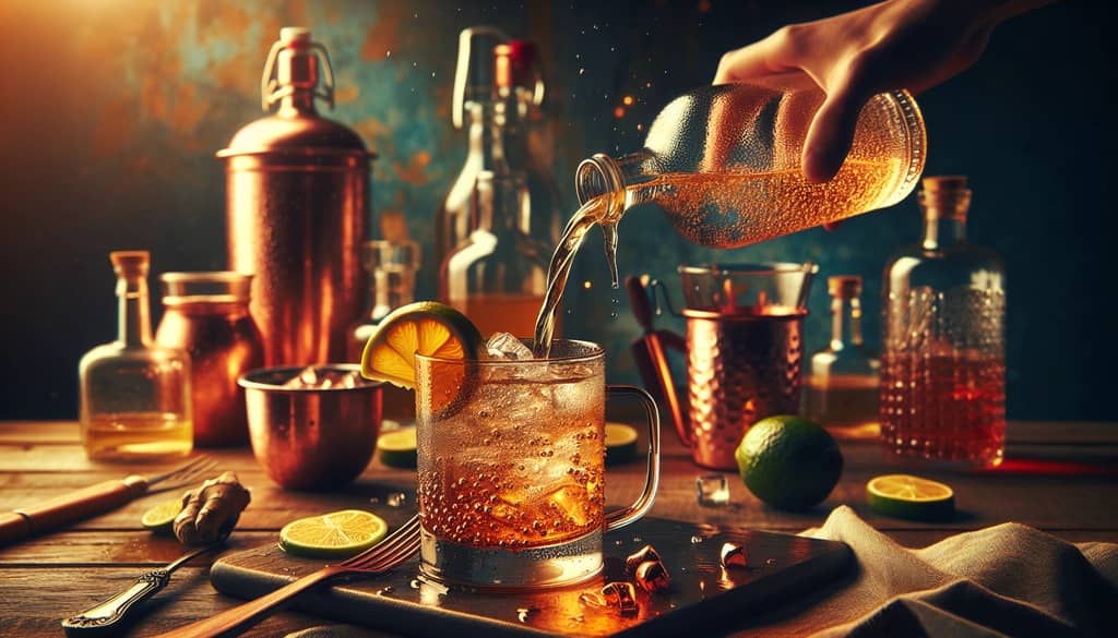 Close-up of alcoholic ginger beer being poured into a glass for a Moscow Mule