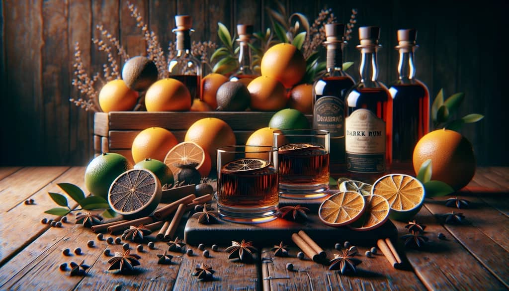 Close-up of citrus fruits, dark rum, and spices used in winter cocktail preparations.