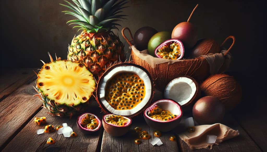Close-up of fresh pineapples, coconut halves, and passion fruits, essential components in making authentic tropical cocktails.