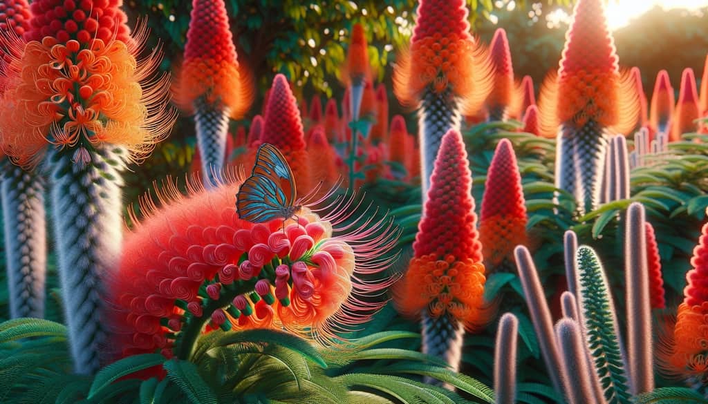 Close-up of Lion's Tail flowers attracting a butterfly, highlighting its role in garden ecosystems.