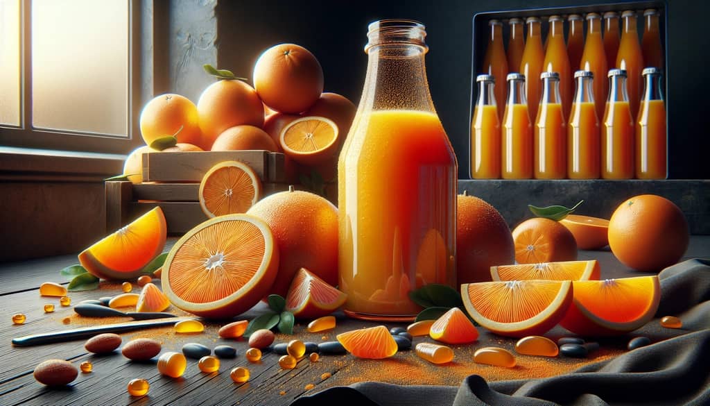 Close-up of orange slices and a bottle of orange juice emphasizing vitamin C content