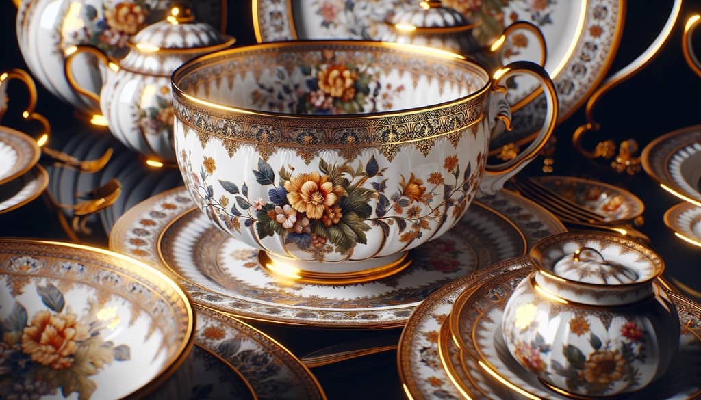 Close-up of Royal Doulton Floradora china highlighting intricate floral motifs and gold accents
