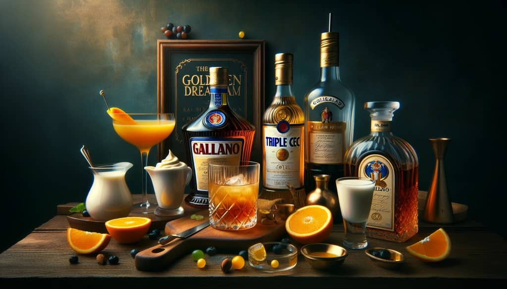 Close-up of the essential ingredients needed to make a Golden Dream cocktail, including Galliano, Triple Sec, fresh orange juice, and cream.