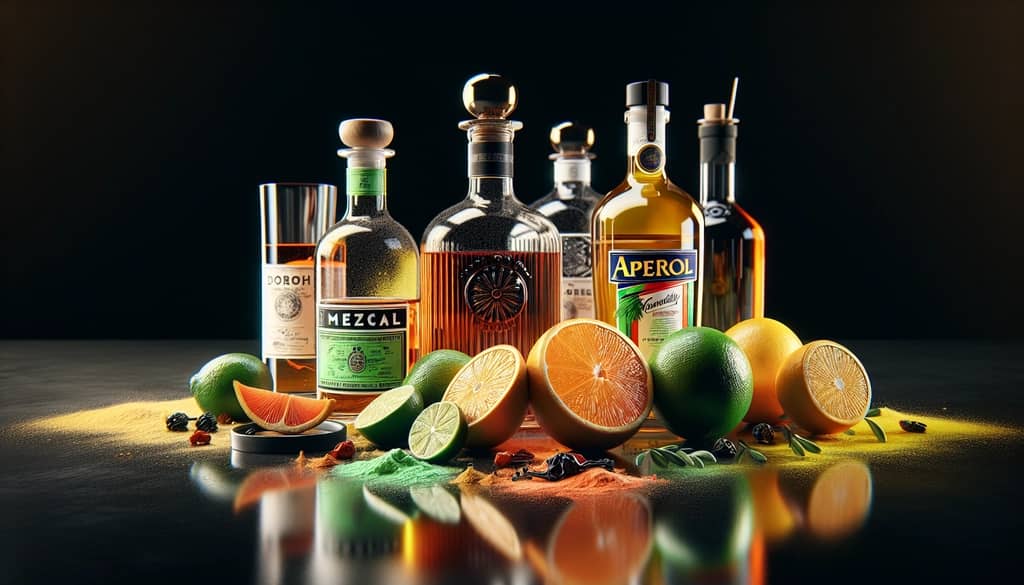 Close-up of the Naked and Famous cocktail ingredients showcasing mezcal, yellow Chartreuse, Aperol, and fresh lime.