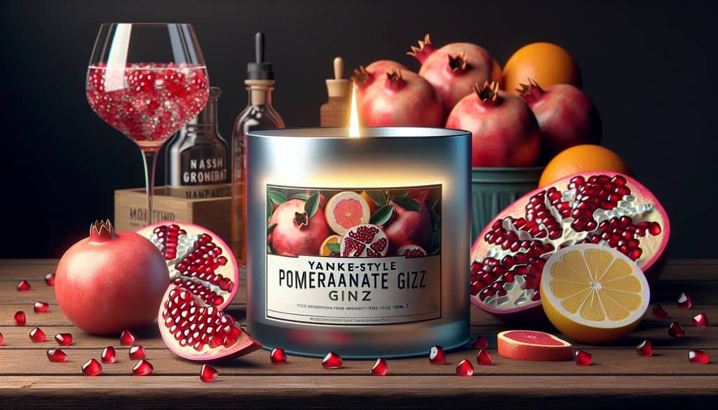 Close-up of the Pomegranate Gin Fizz Yankee Candle next to fresh pomegranate and citrus slices