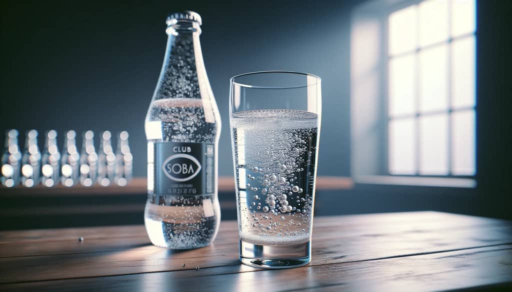 club soda bottle and glass with visible bubbles
