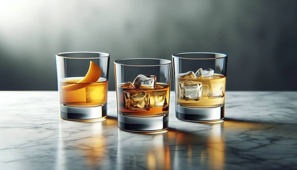 cocktail trio with bourbon, rye, and Scotch variations