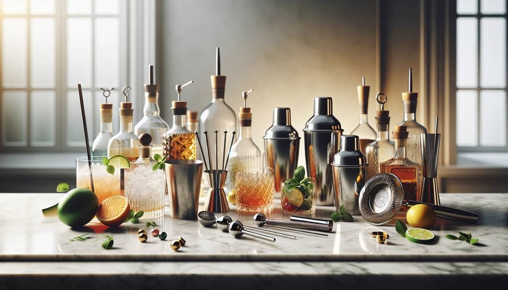mixology tools and ingredients arranged for a complex cocktail