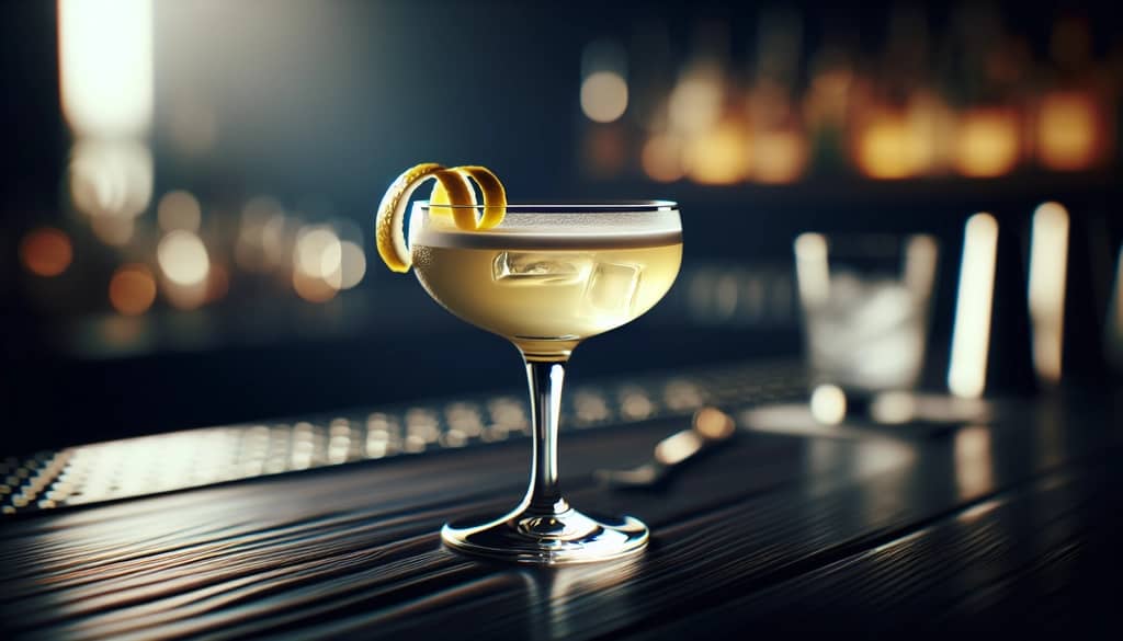 classic cocktail in coupe glass with lemon twist garnish