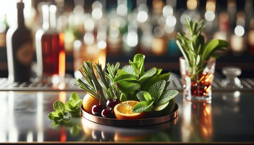 variety of cocktail garnishes on bar top