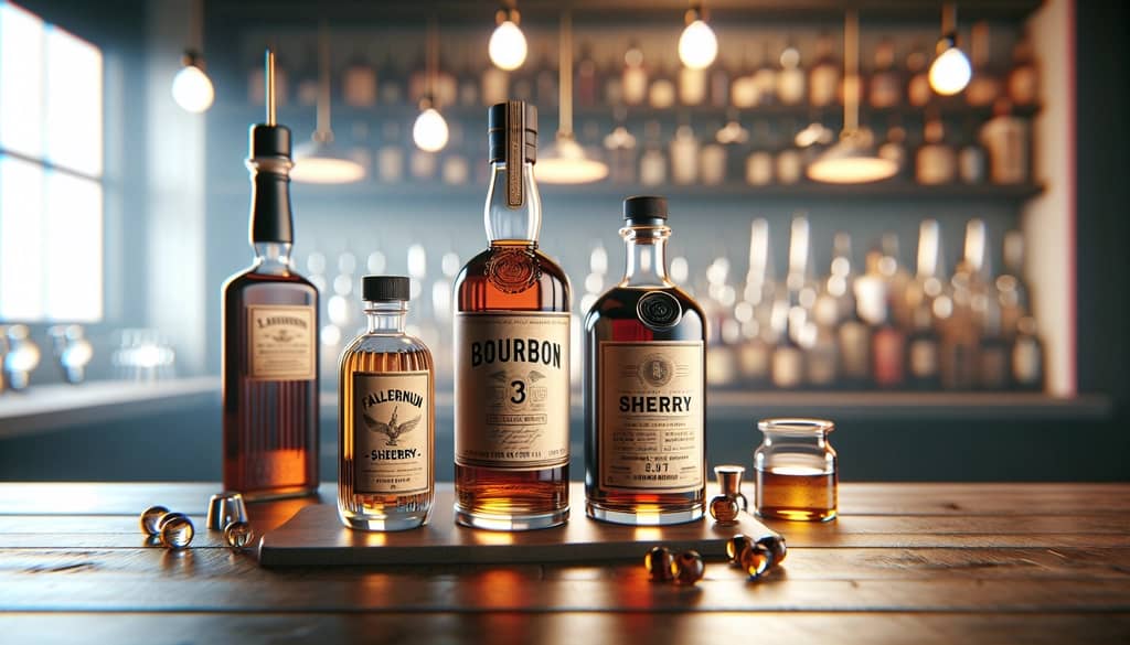 cocktail ingredients bourbon falernum sherry peach bitters on bar