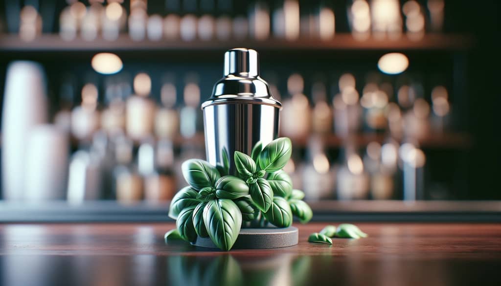 fresh basil and cocktail shaker on bar