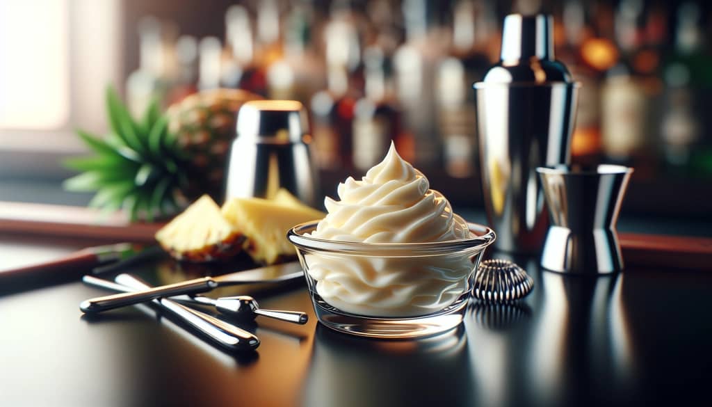 ingredients with coconut cream and bar tools