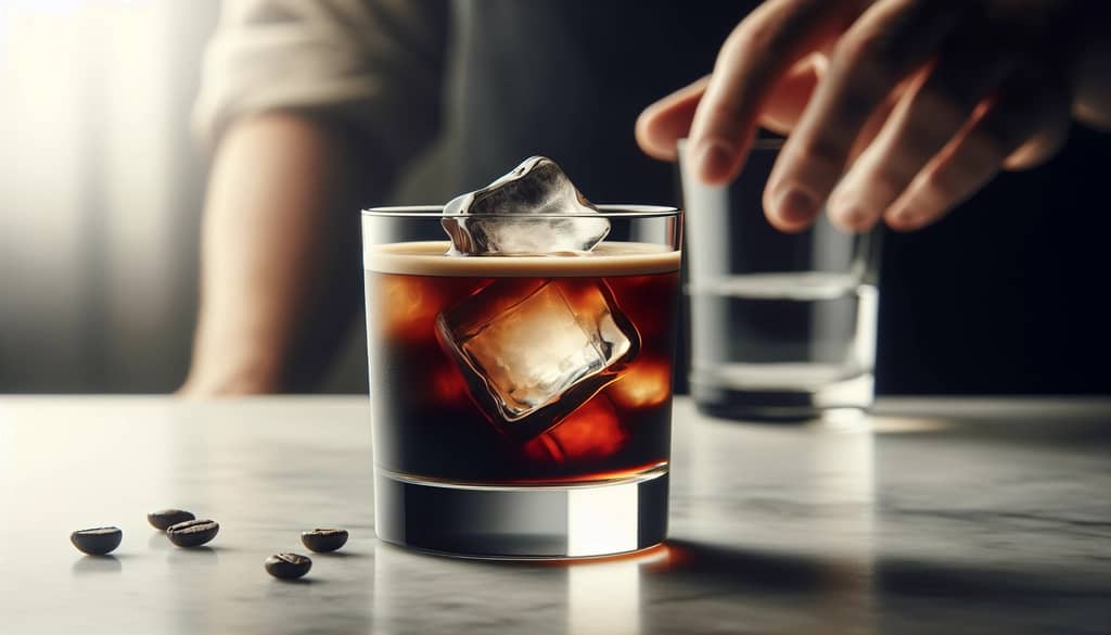 coffee-based cocktail on ice in a rocks glass