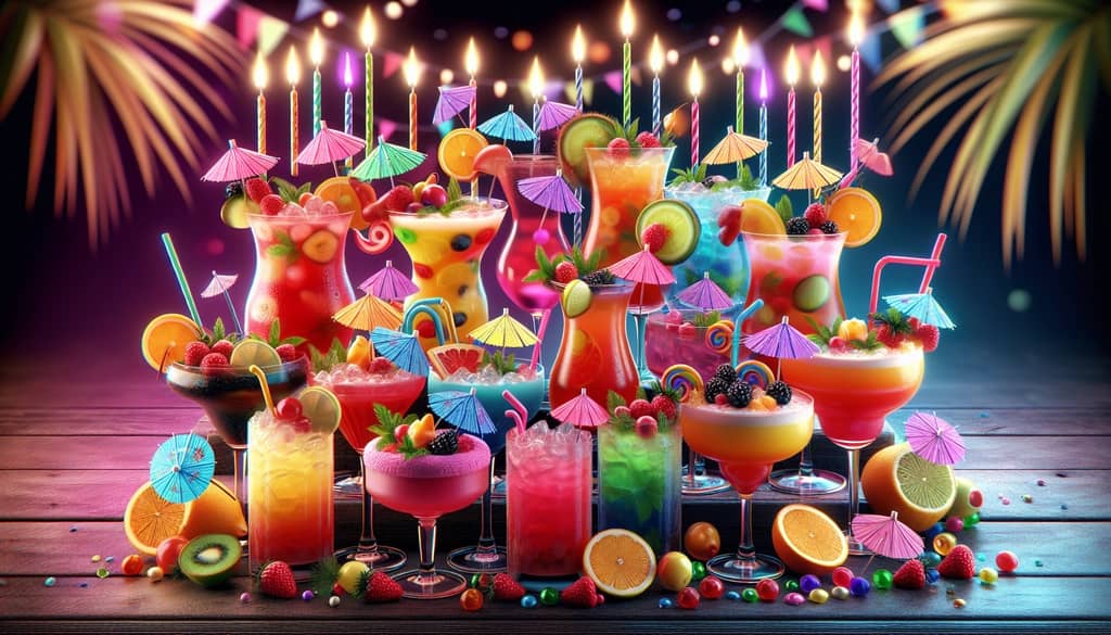 Colorful birthday cocktails adorned with festive garnishes like fruit slices and cocktail umbrellas