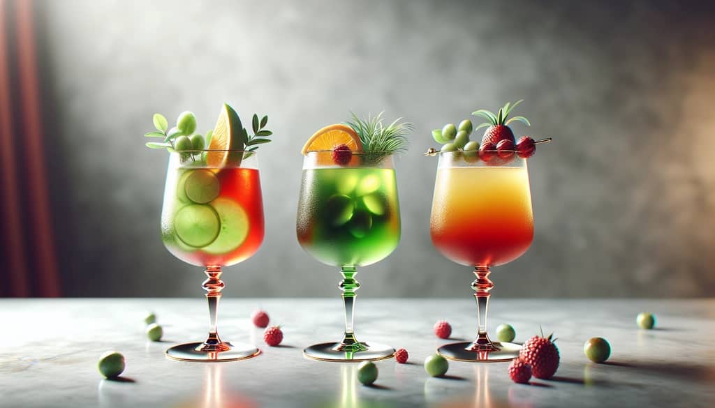 Tiga mocktail berwarna-warni dalam gelas berkaki dengan hiasan buah