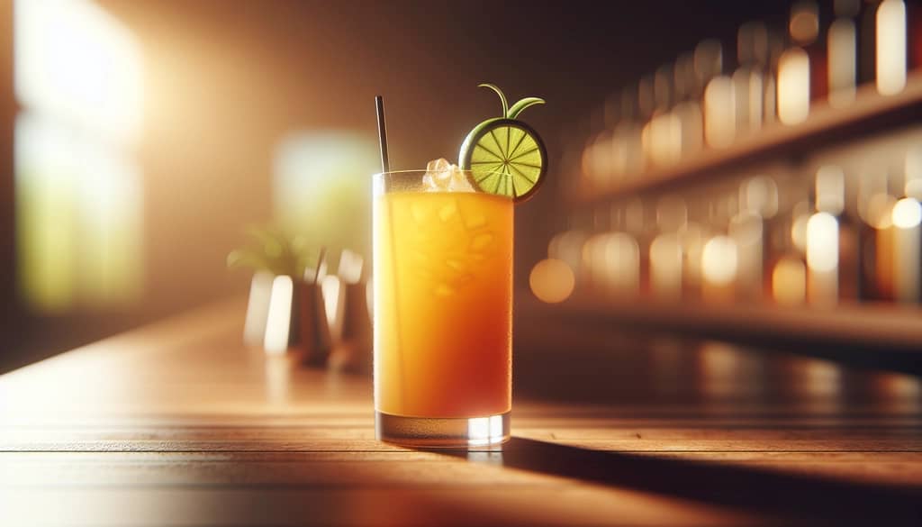 colorful tropical cocktail in a highball glass with lime wedge
