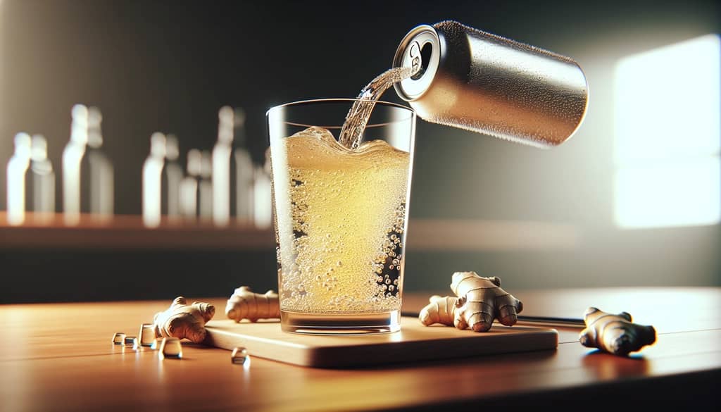 Commercial ginger ale in a can poured into a glass with bubbles