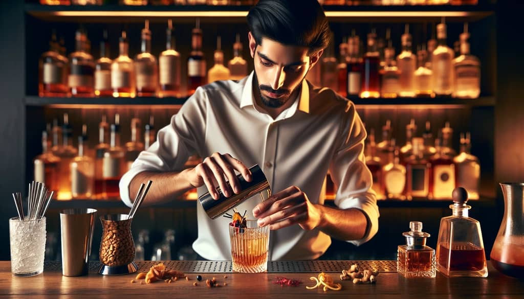 Contemporary bartender crafting a modern version of the Bourbon Sidecar with creative ingredients.