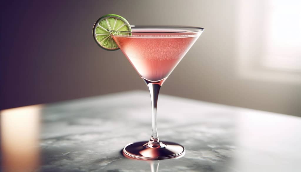 cosmopolitan cocktail in martini glass with lime