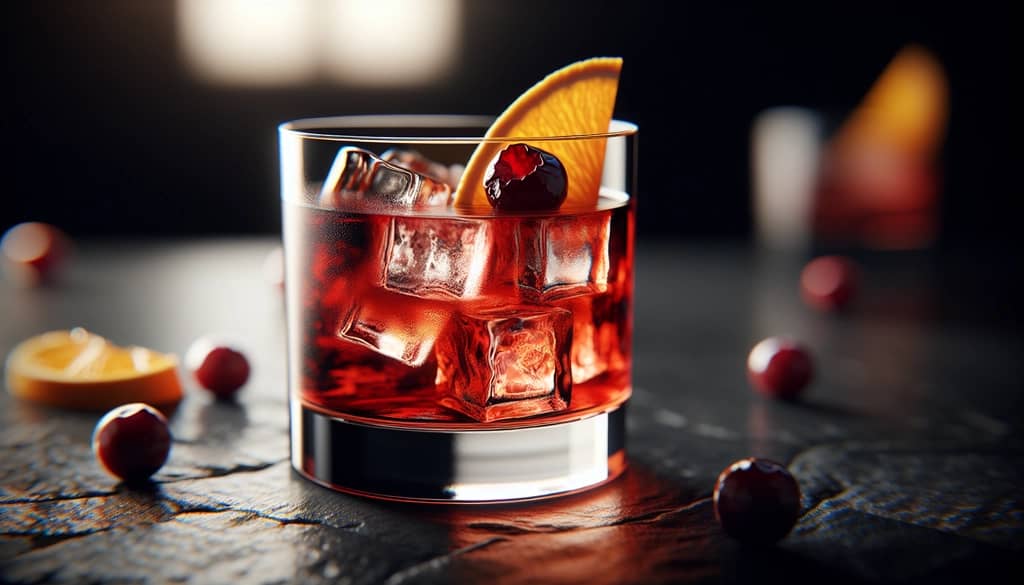 cranberry bourbon cocktail in rocks glass with orange peel