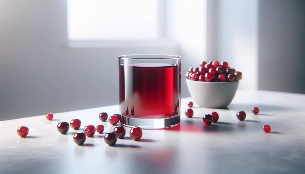 Cranberry juice in glass with fresh cranberries on marble surface