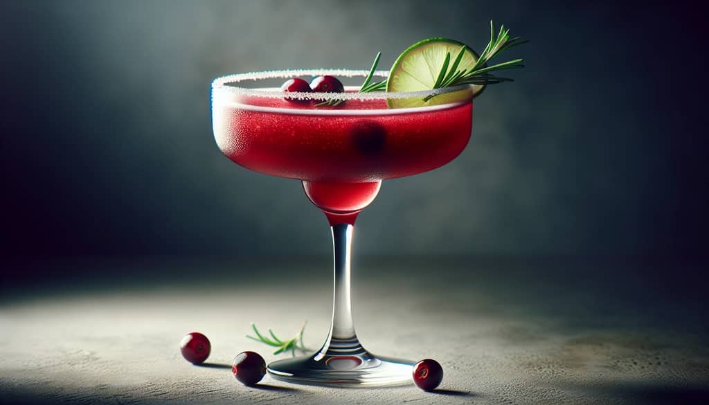 cranberry margarita with rosemary and lime garnish in a coupe glass