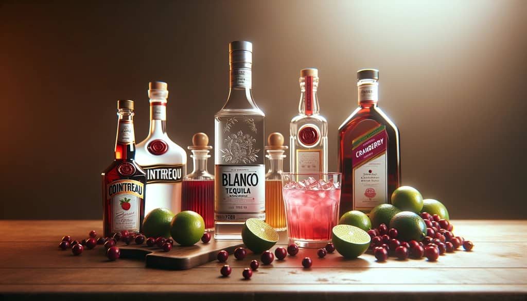 cranberry margarita ingredients on wood bar top