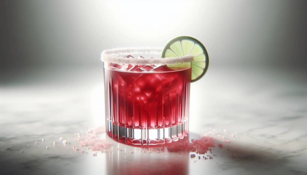라임 웨지와 설탕 가장자리를 곁들인 록스 글라스의 크랜베리 마가리타