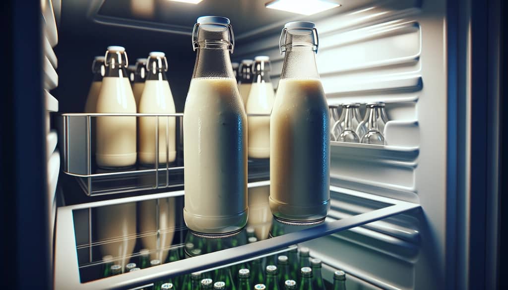 batch of creamy cocktails in glass bottles in refrigerator