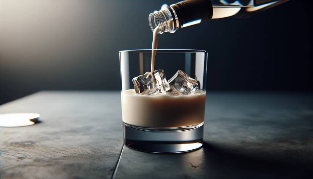 cream liqueur poured over ice cubes in glass