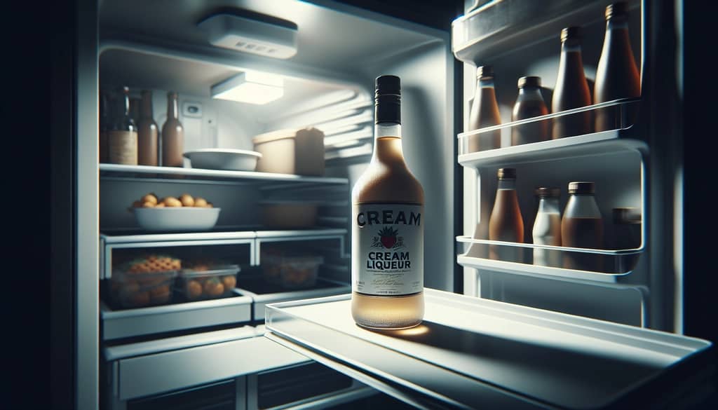 bottle of cream liqueur in a home refrigerator section