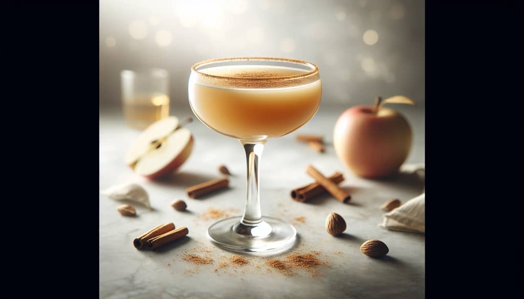single coupe glass with creamy apple cider and cinnamon whiskey cocktail