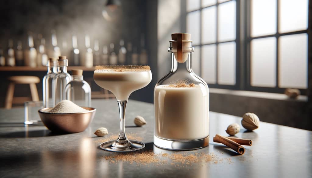 refrigerated creamy cocktail in closed bottle with fresh garnishes