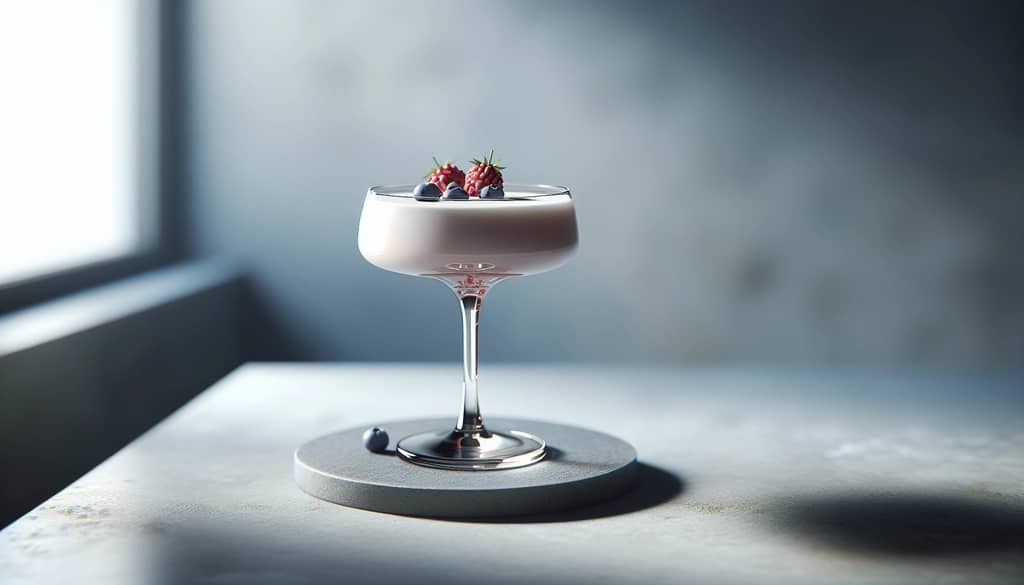 fresh berry purée with creamy cocktail in coupe glass