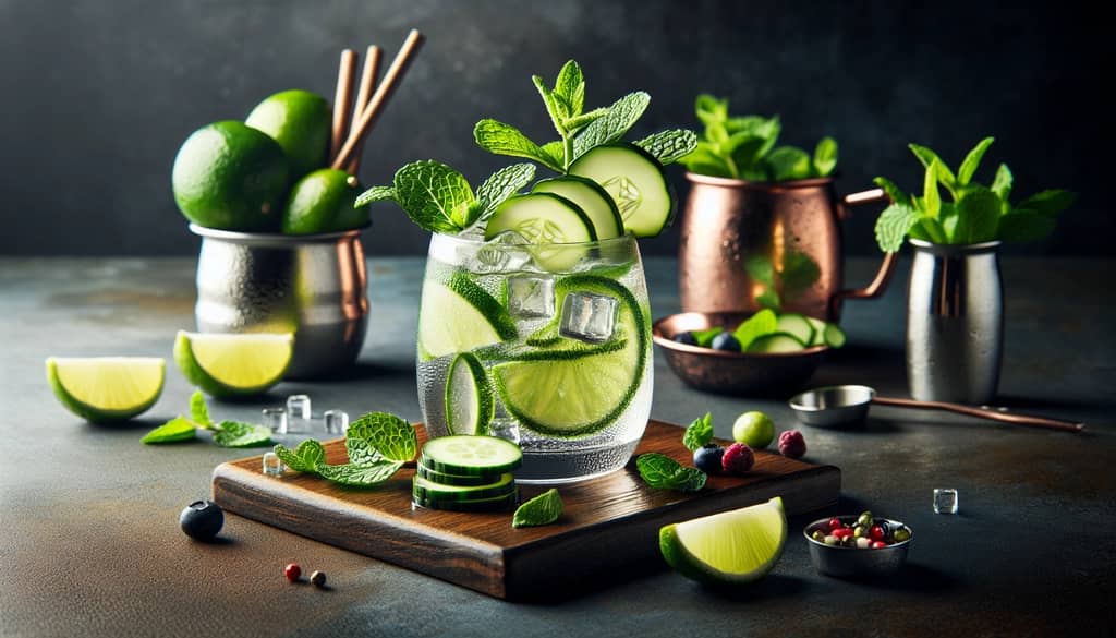 Creative garnish ideas for a Gin Mule, with lime slices, mint sprigs, and optional cucumber or berries.