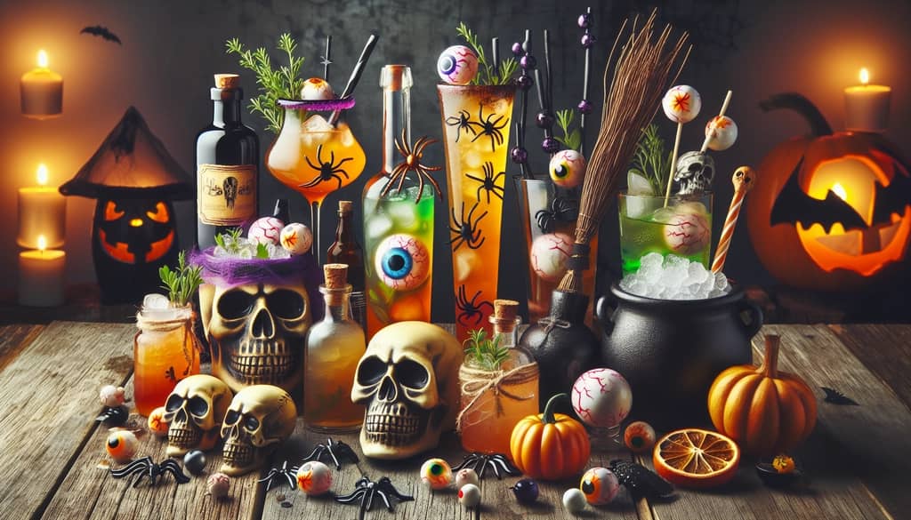 Creative Halloween cocktail garnishes, unexpected ingredients, and unique glassware that enhance the spooky vibe.