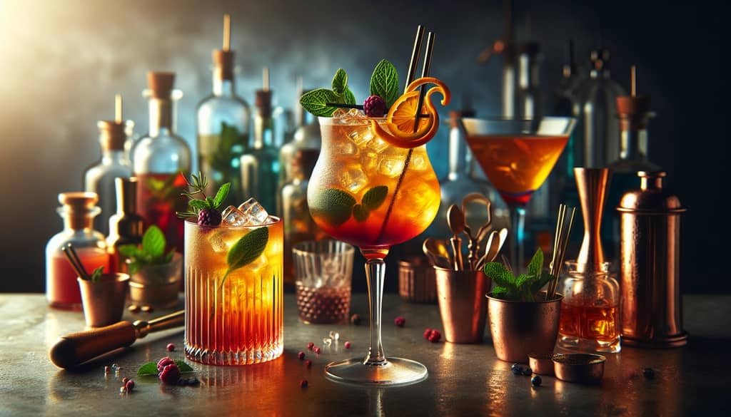 Creative variations of the French 76 cocktail, showcasing modern twists with herbal-infused syrups and unique garnishes.
