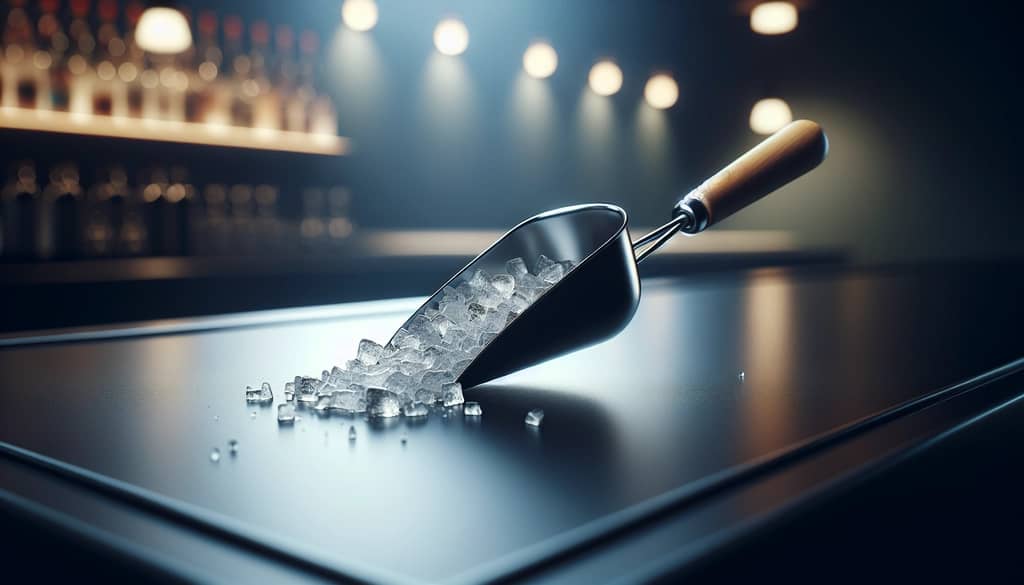 Zerstoßenes Eis in einer Metallschaufel, bereit für Cocktails