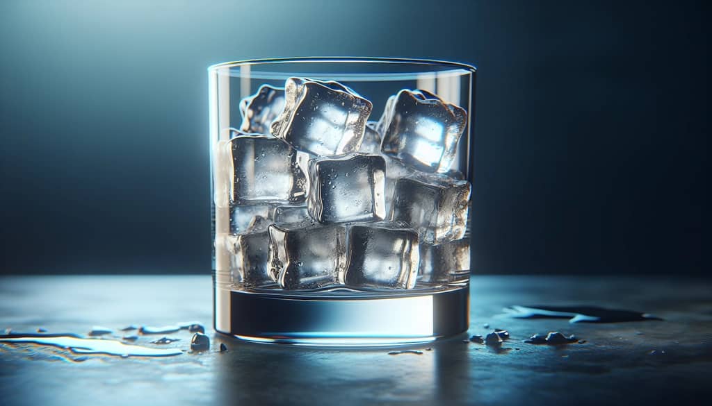 large cubed ice in a glass for cocktails